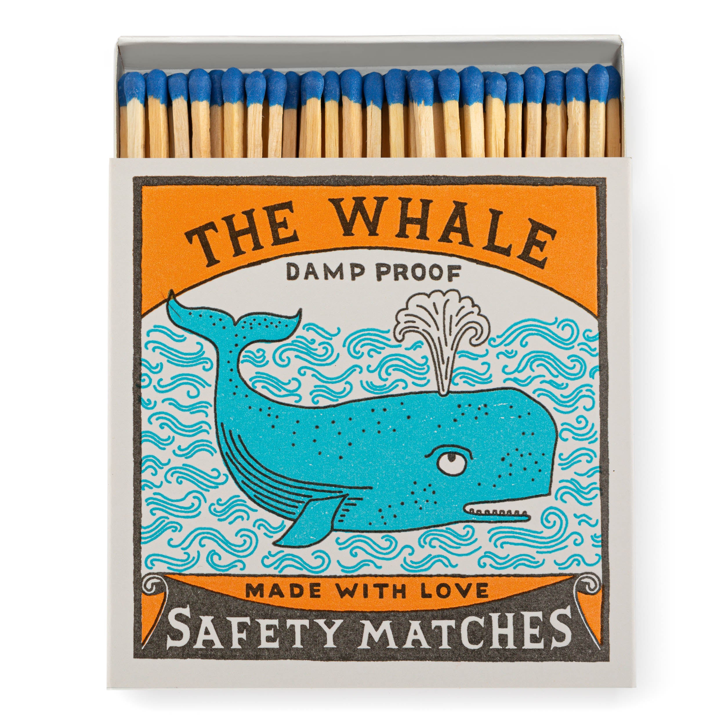 Box of damp-proof safety matches featuring a teal whale illustration.