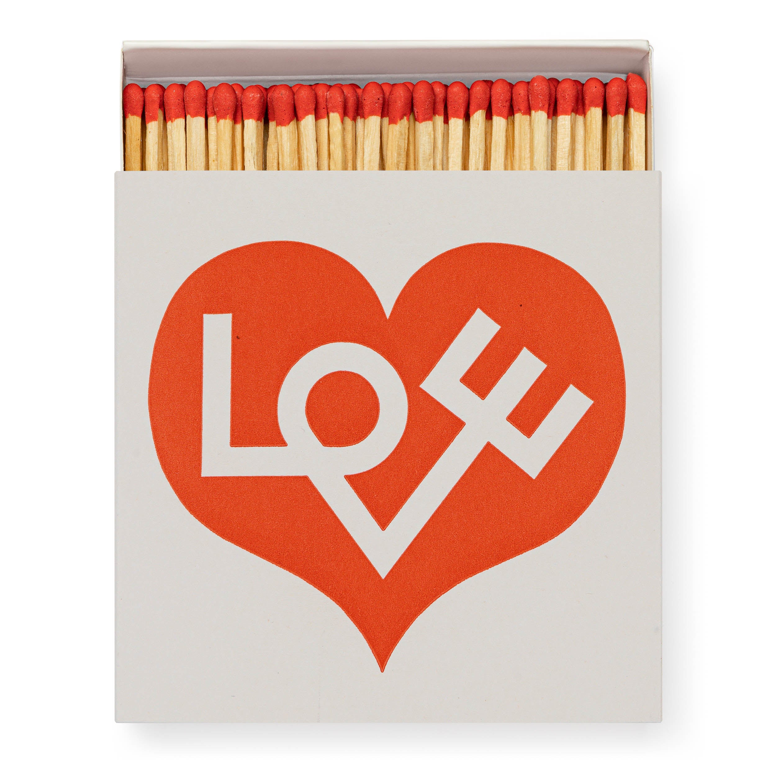 Matchbox with red-tipped matches and a stylized orange heart graphic containing the word "LOVE" in white.