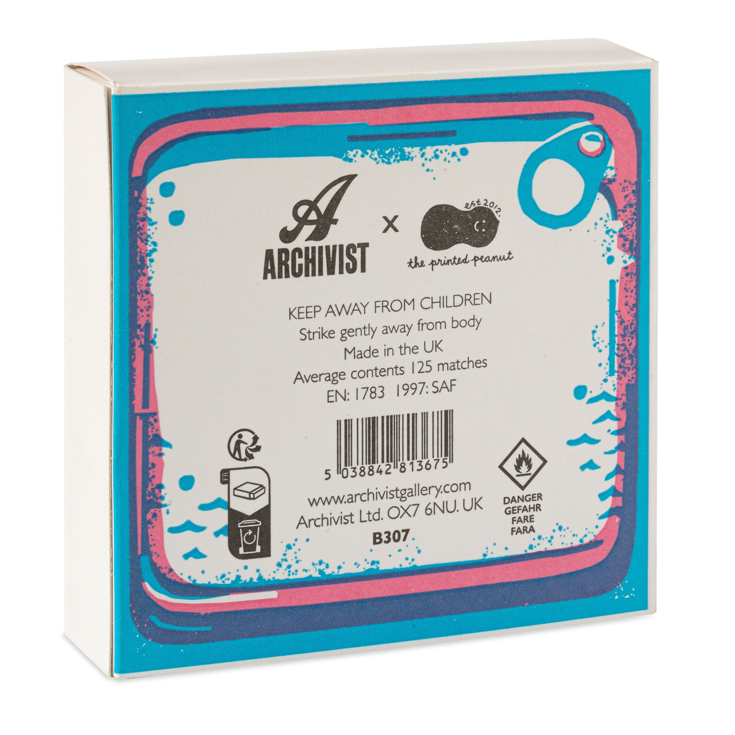 Matchbox featuring teal, pink, and navy graphic design; Archivist x The Printed Peanut collaboration; contains 125 matches.