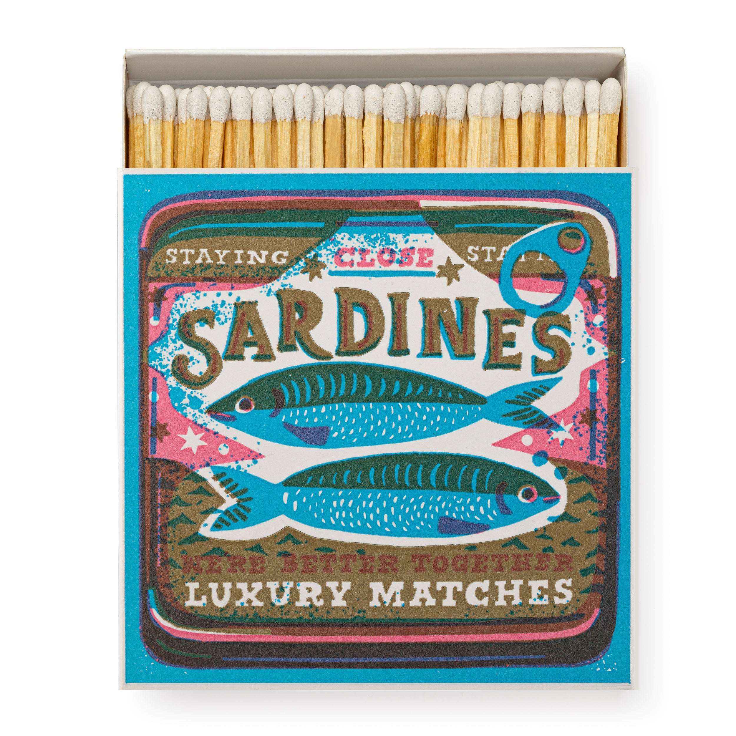 Box of luxury matches with a sardine-themed design.