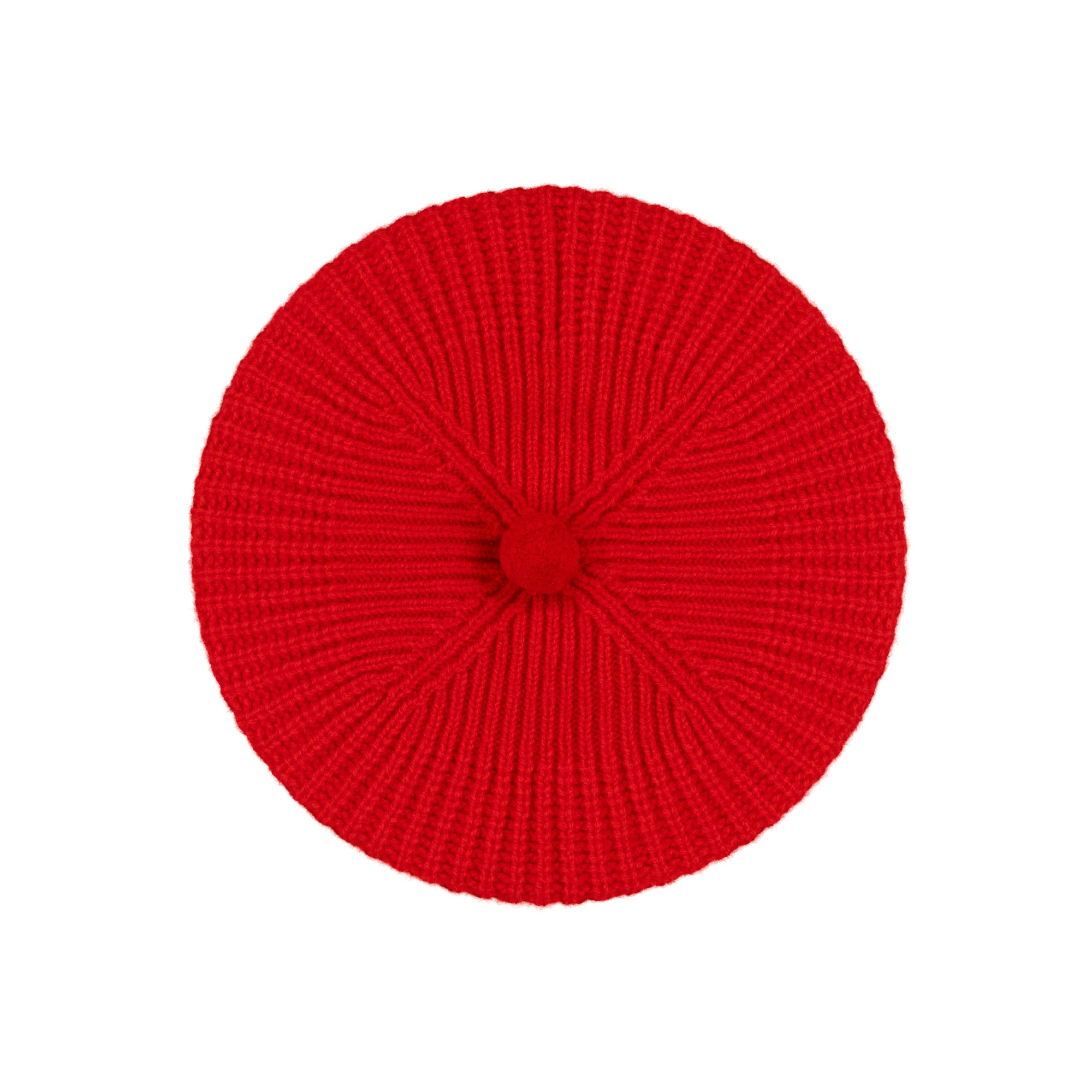 A bright red ribbed knit beanie hat shown from a top-down view on a solid white background.