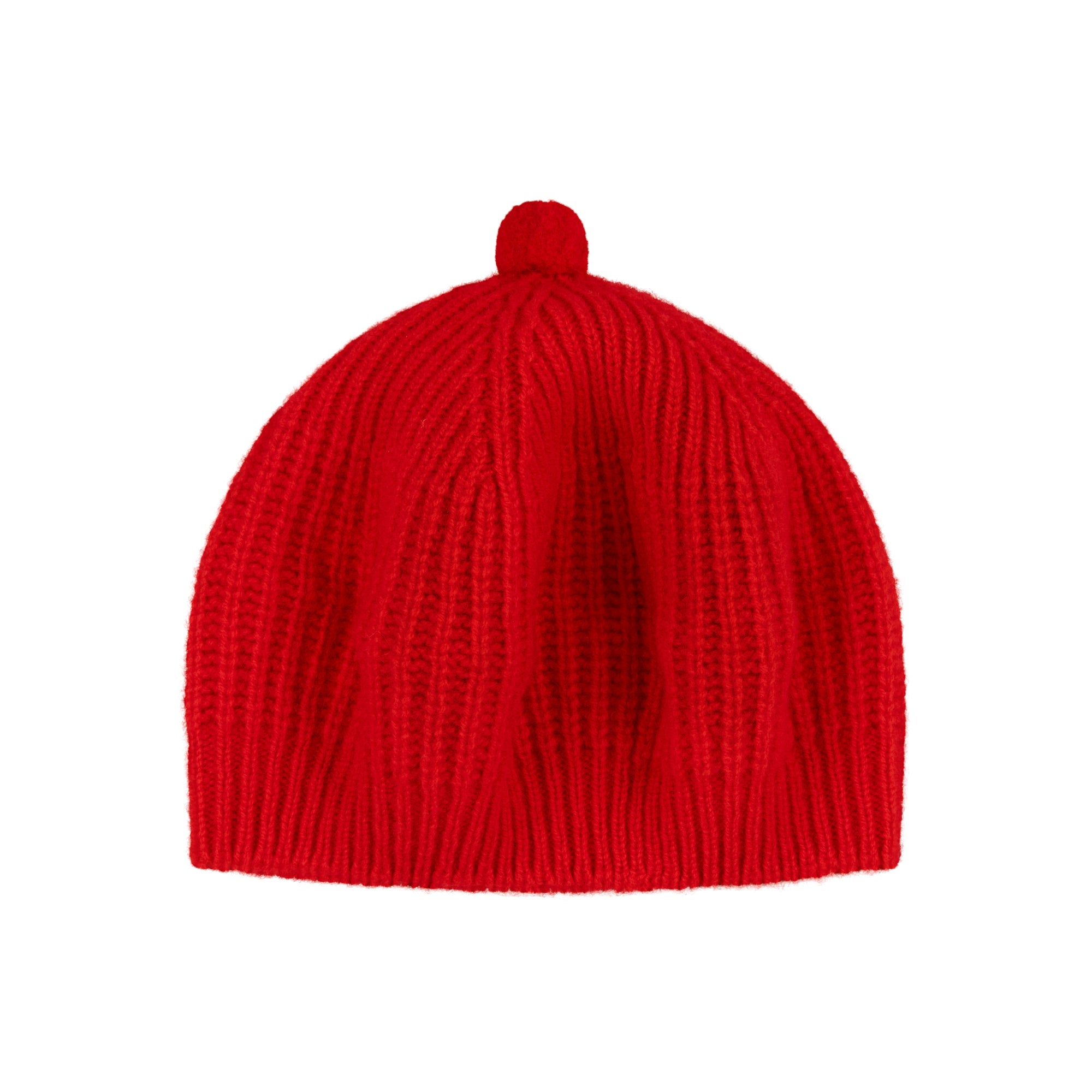 A bright red ribbed knit beanie hat with a matching pom-pom on top, shown against a plain white background.