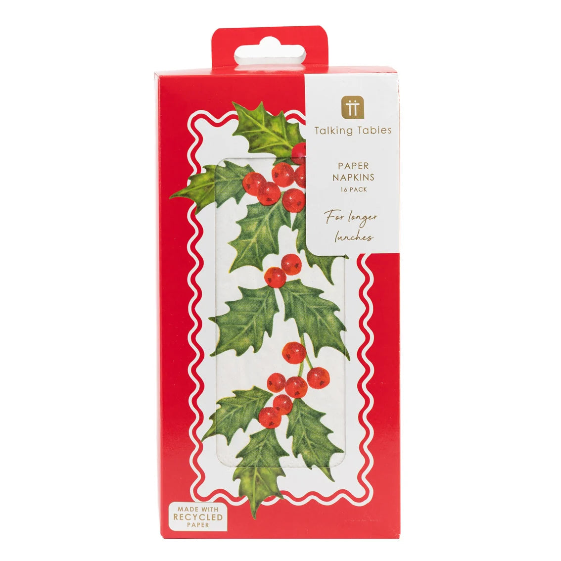 Talking Tables paper napkins in a red and white gift box decorated with a green holly and red berry illustration.