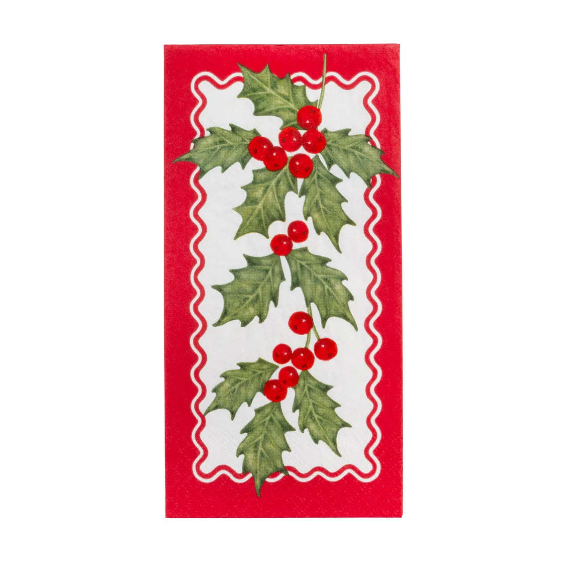 A rectangular red Christmas-themed towel or mat featuring a white scalloped border and green holly leaves with red berries printed down the center, shown on a plain white background.