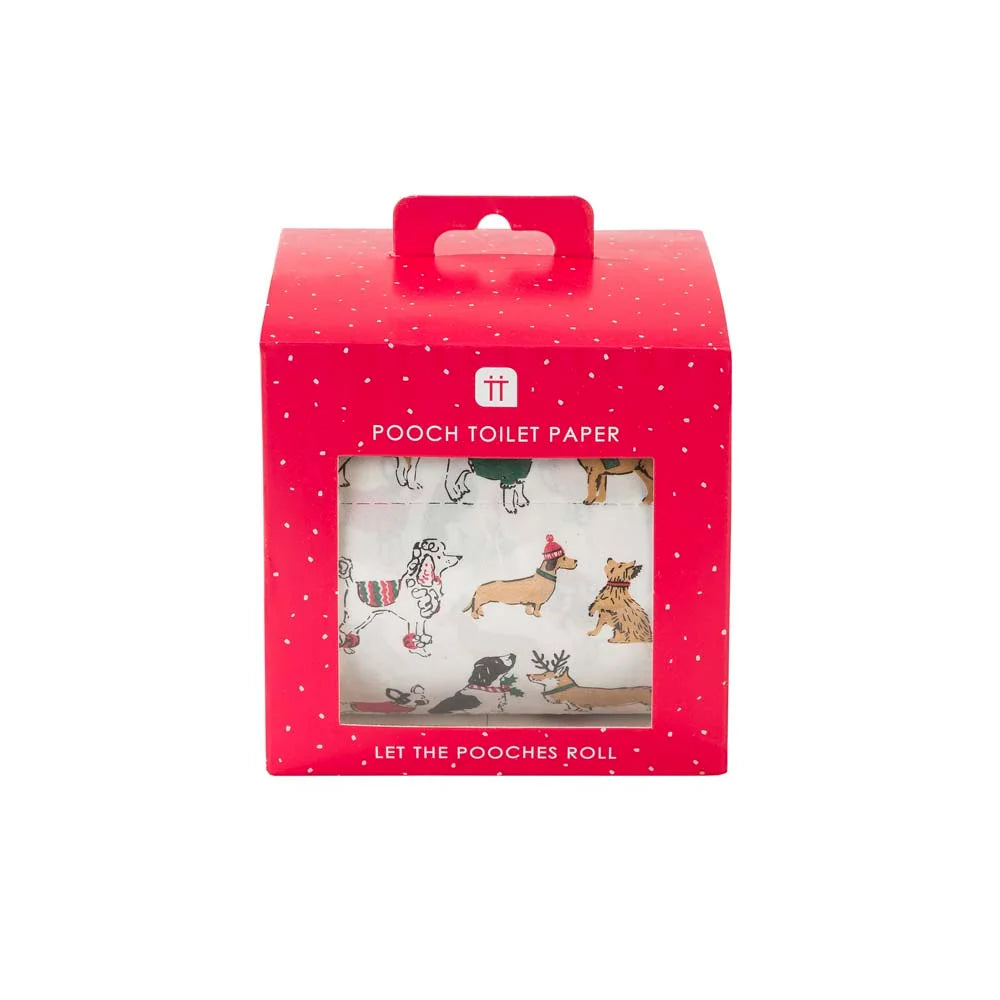 Box of 'Pooch Toilet Paper' with dog illustrations on a white background