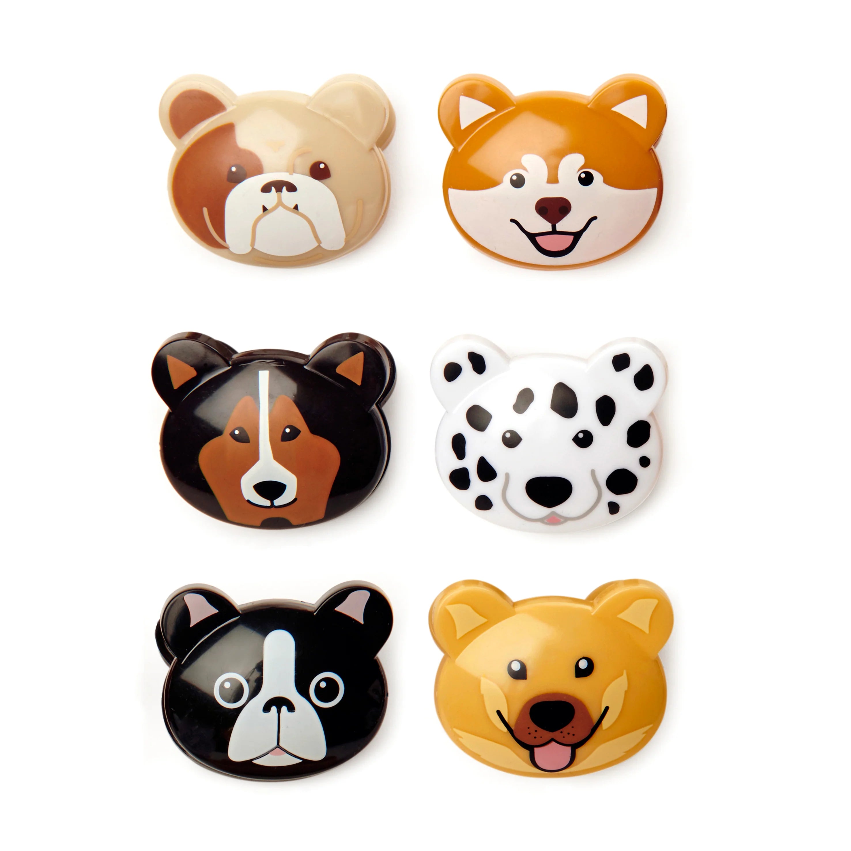Six plastic dog-face clips; bulldog, Shiba Inu, Corgi, Dalmatian, French bulldog, and golden retriever.