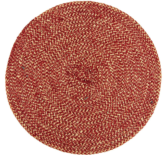 Red woven straw beret.  Close-up shows textured, tightly-woven fabric.