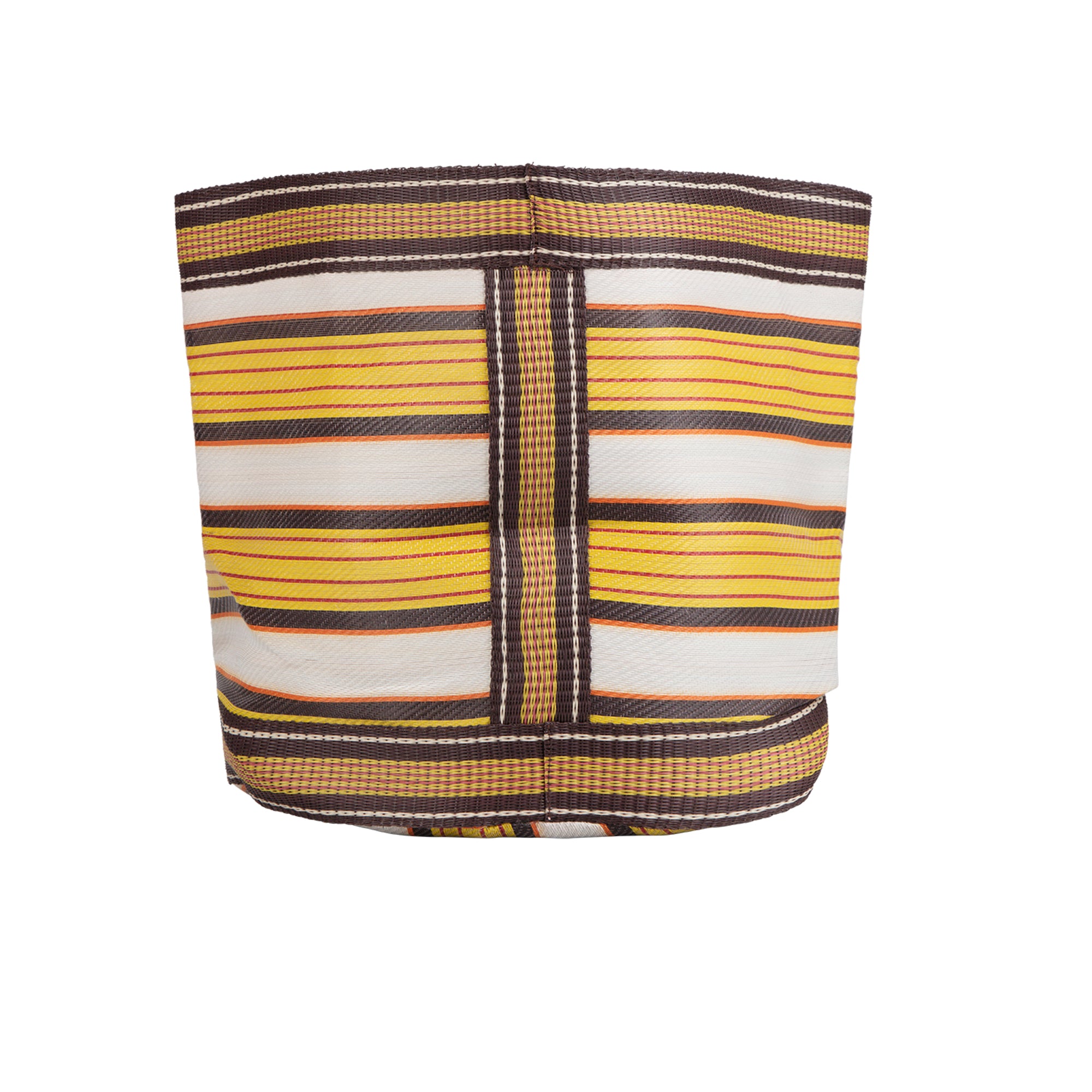 Striped woven tote bag with brown, yellow, and white horizontal bands.