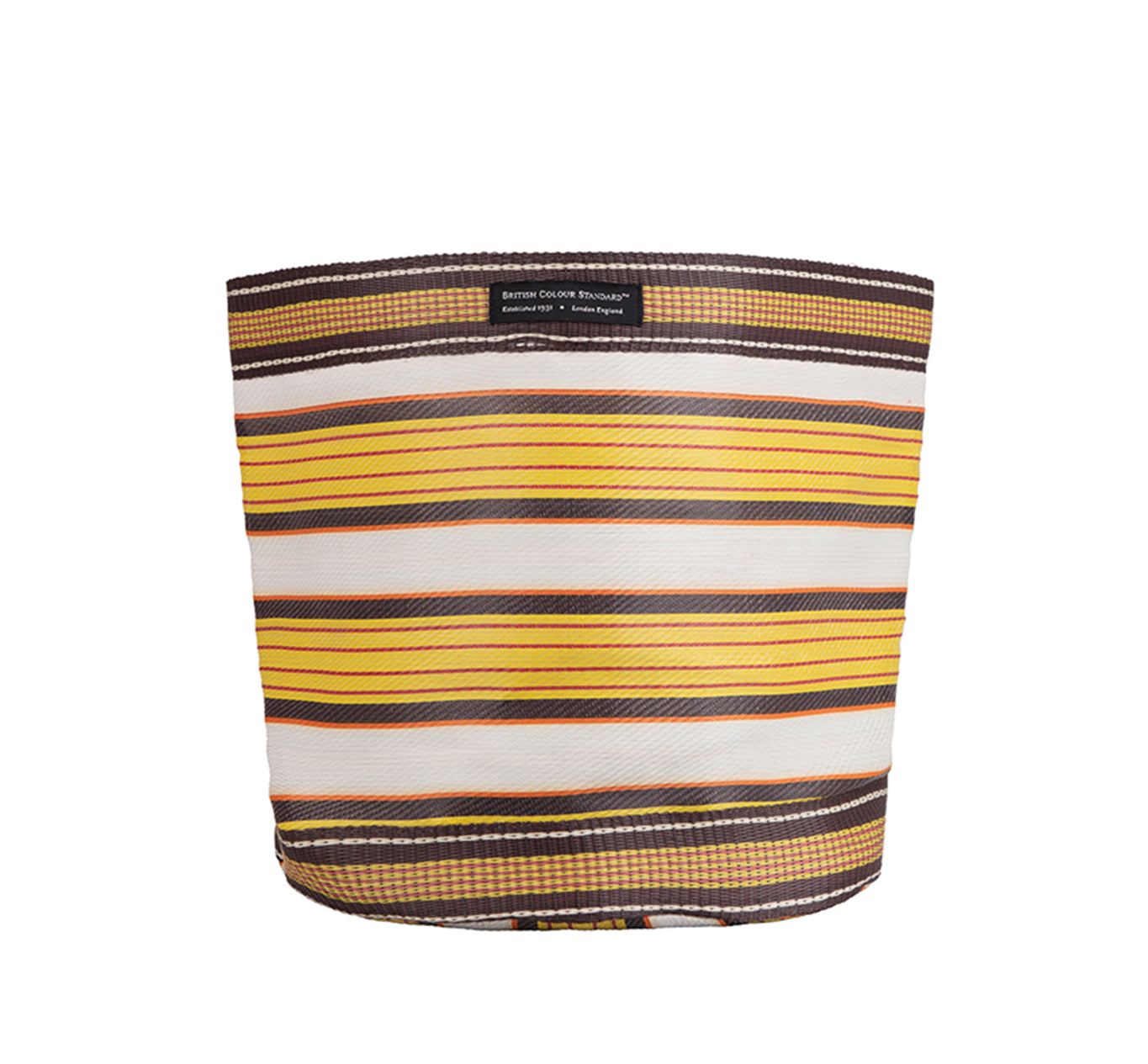 Striped fabric planter with brown, yellow, and white horizontal bands.  A small label is visible at the top.