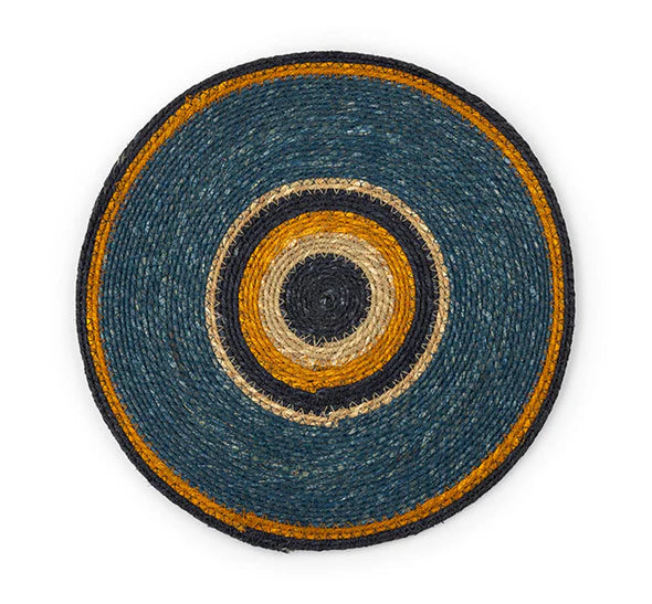 Round woven mat with concentric circle pattern on a white background