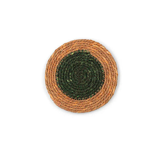 Round woven coaster with green center and brown outer rim on a white background