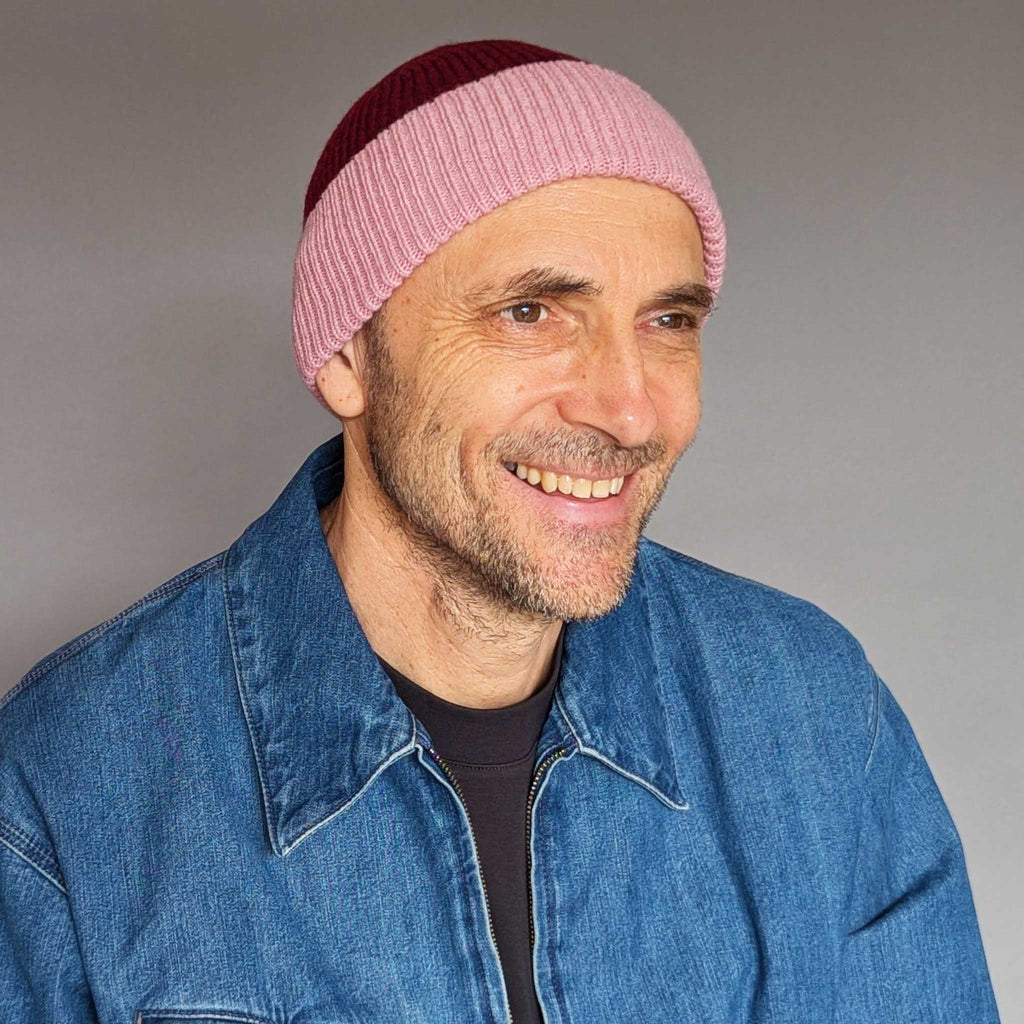 Ribbed Beanie Hat - Bordeaux & Dusky Pink
