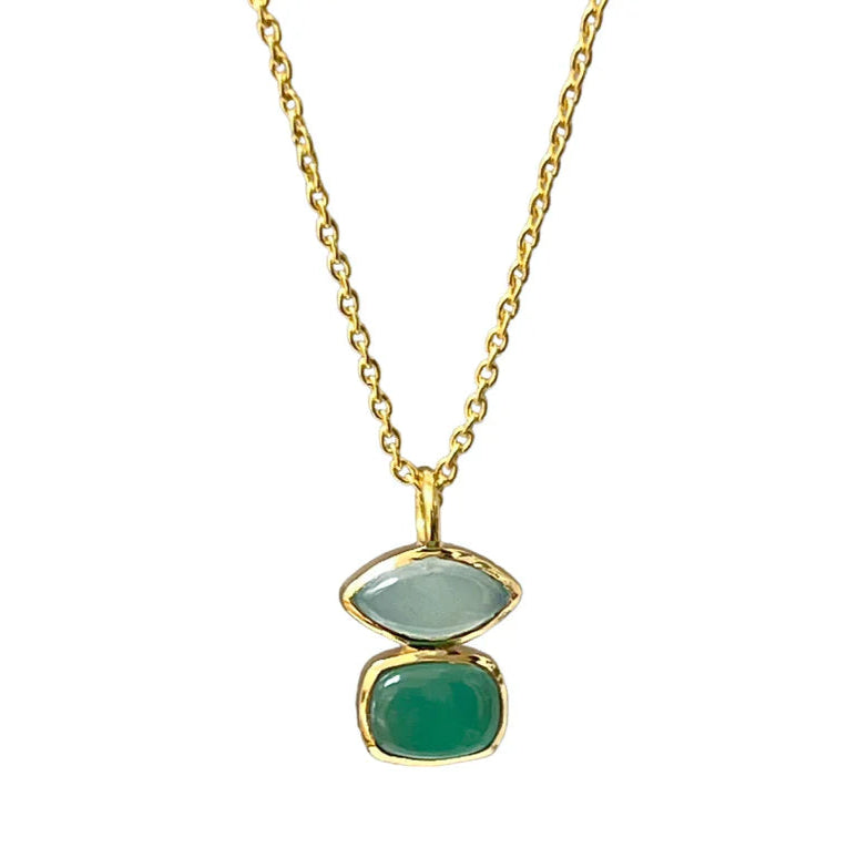 Beryl Aqua Chalcedony & Green Onyx Pendant on Short Cable Chain