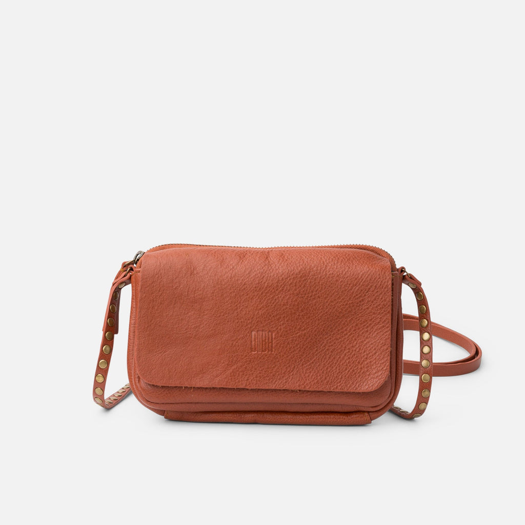 Brown leather crossbody bag on a light gray background