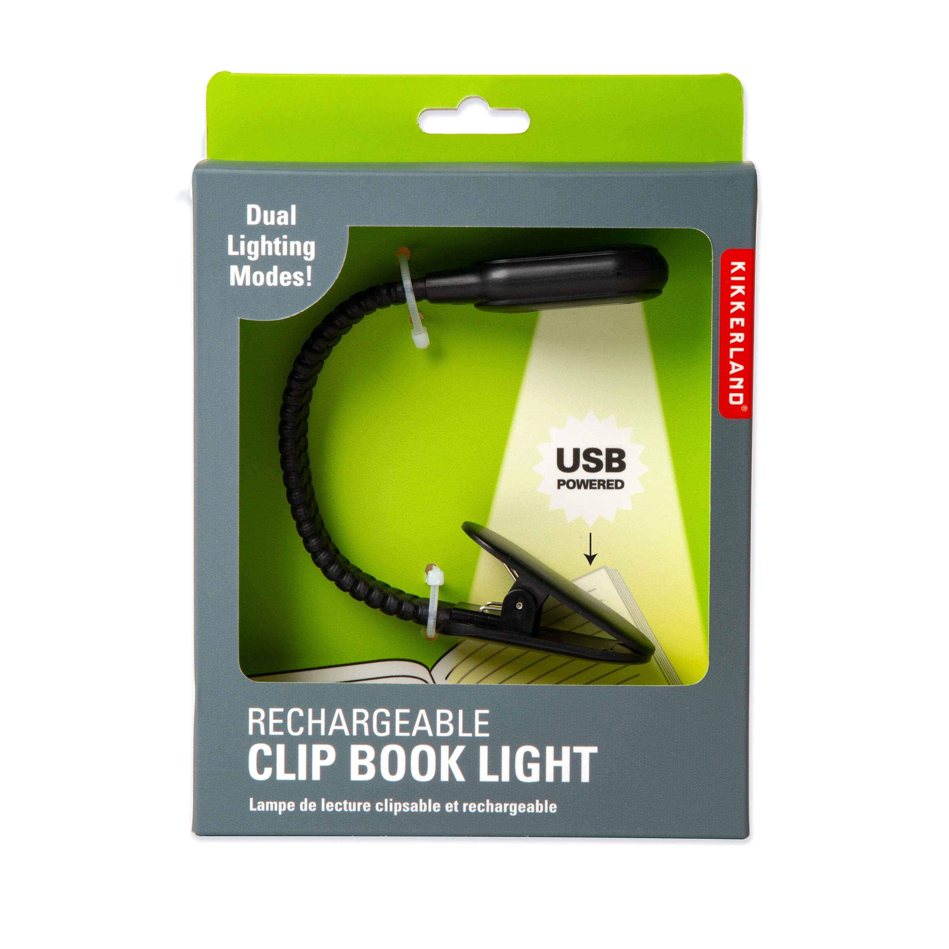 Black rechargeable clip-on book light with flexible neck and dual lighting modes; USB powered.