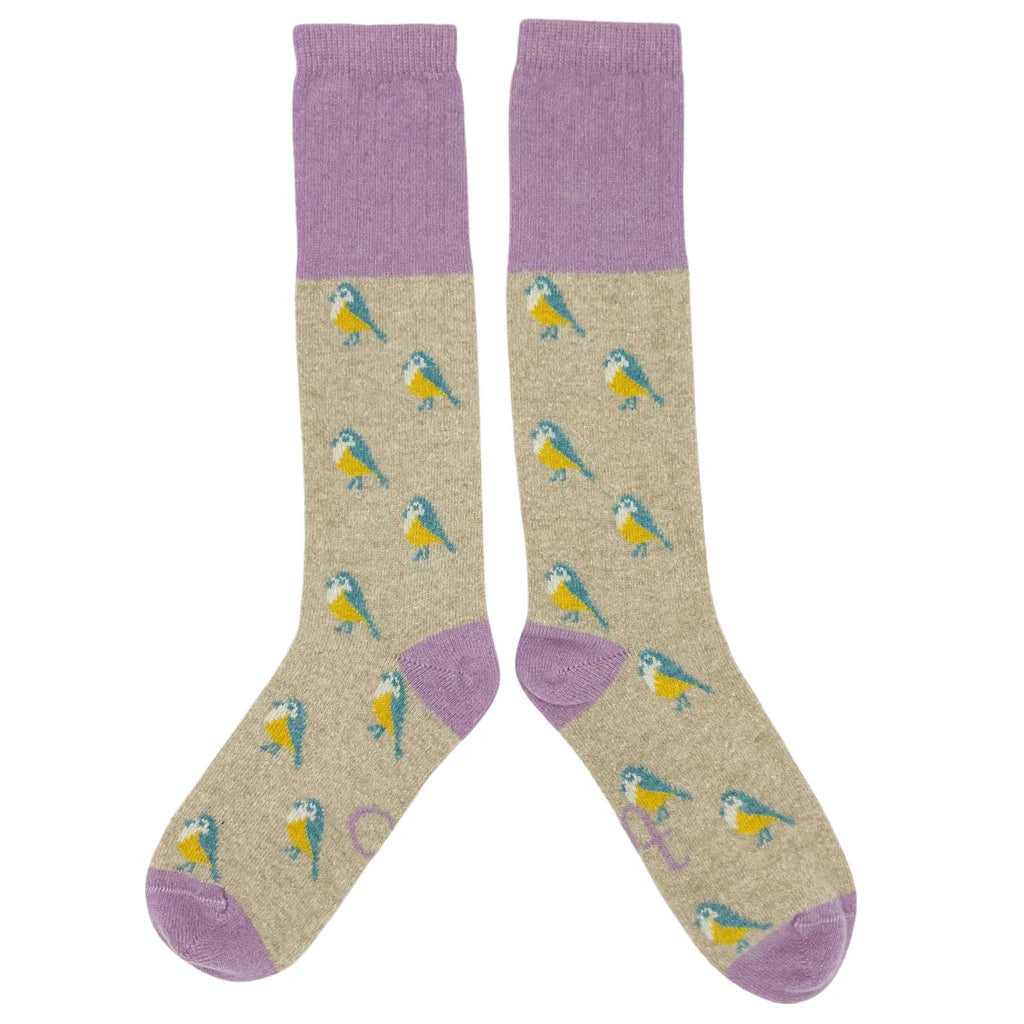 Pair of beige knee-high socks with a repeating pattern of small blue and yellow birds.  Purple cuffs.