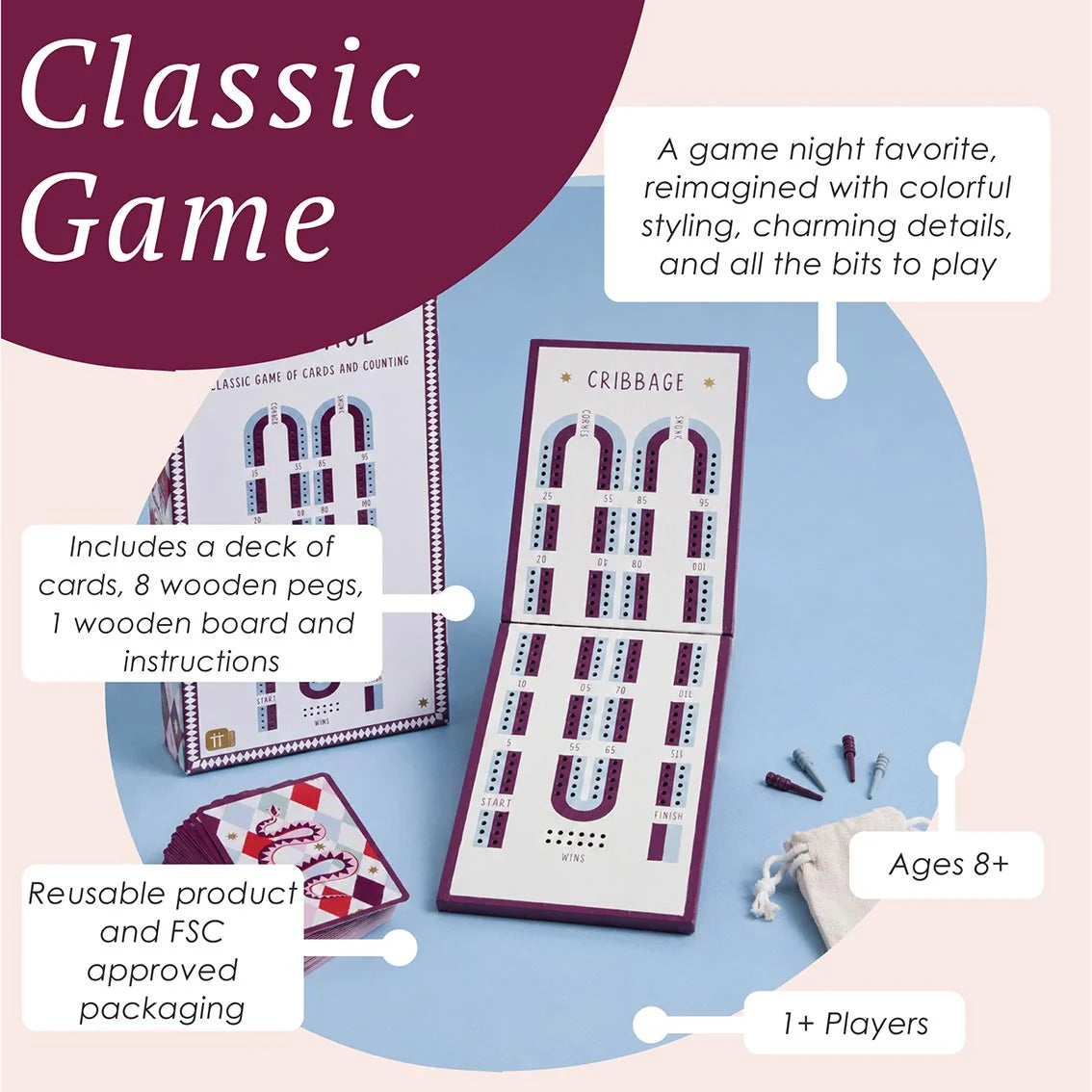 Cribbage game set shown on a light blue circular background with product callouts and text. The set includes a deck of cards, wooden pegs, instructions, a box, the game board, and a small drawstring pouch.
