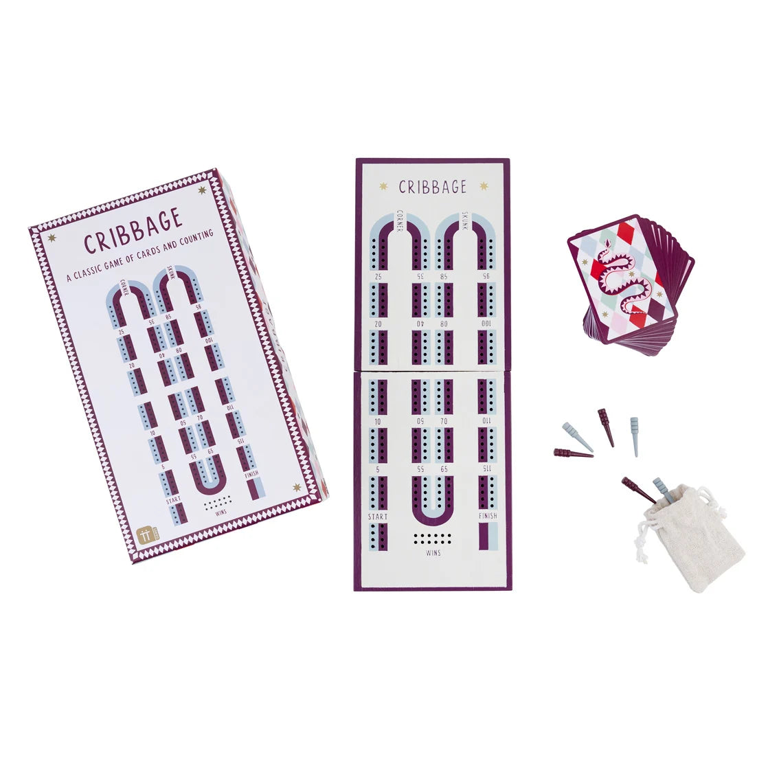Cribbage board, cards, and pegs on a white background