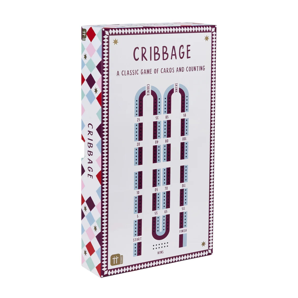 Cribbage board game box with colorful design on a white background