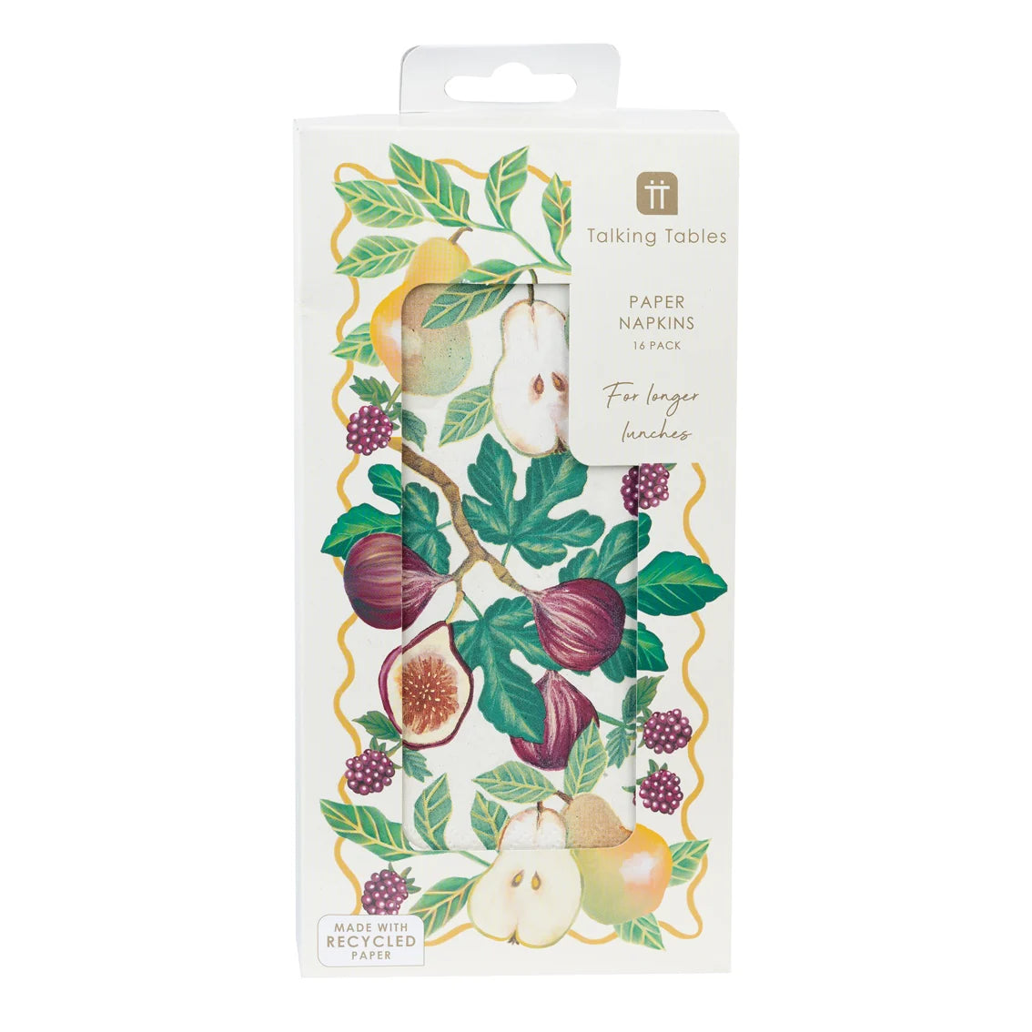 Talking Tables paper napkins in a fruit-themed box, featuring illustrations of pears, figs, and grapes on a white background.