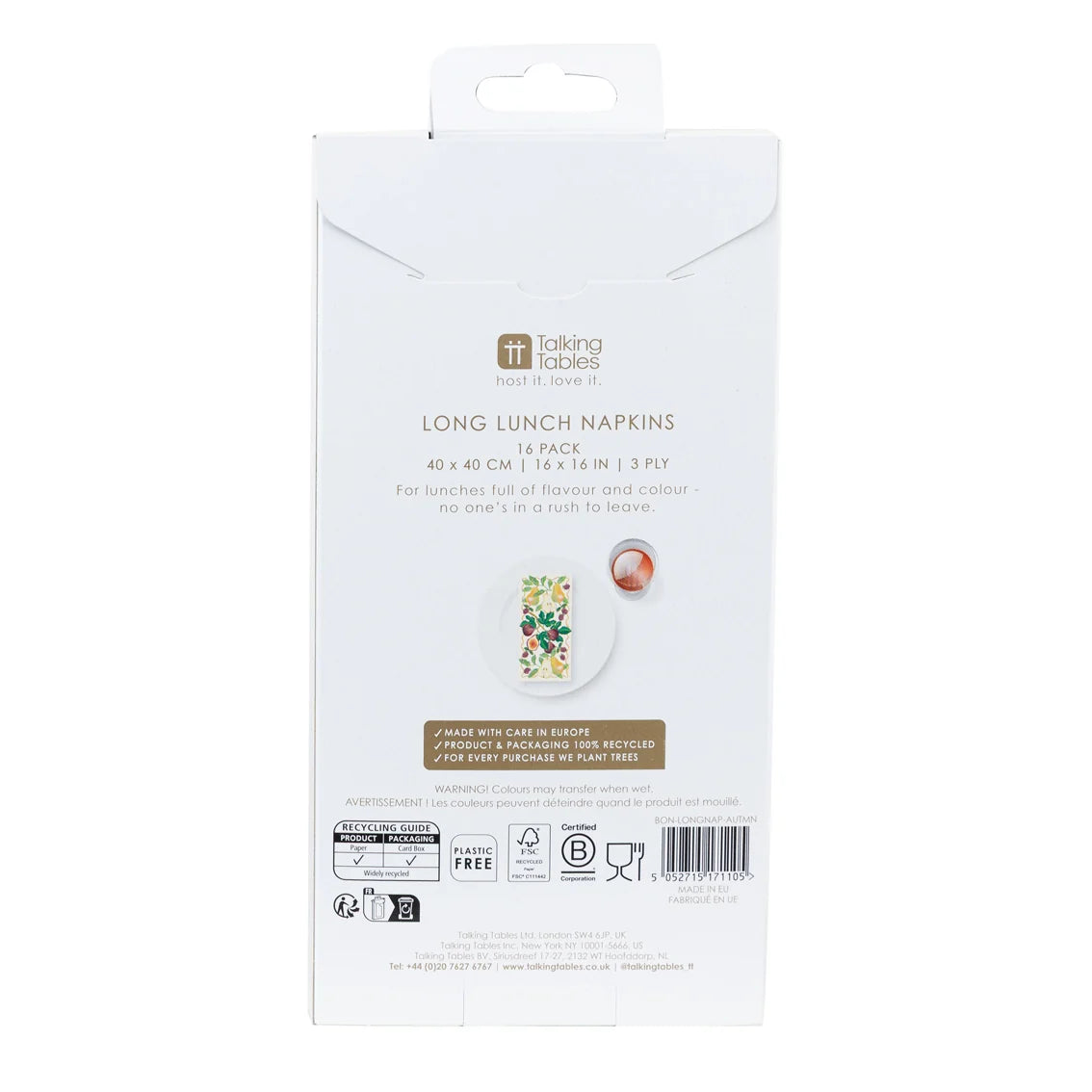 The back of the white cardboard packaging for 'taking care' brand Long Lunch Napkins, showing product details, a small circular inset of the patterned napkin, and various certification logos at the bottom.