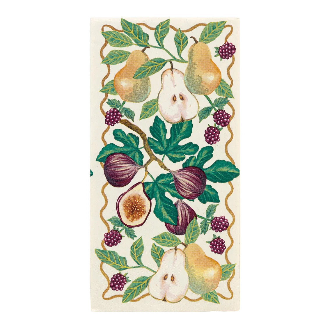 Decorative towel with fruit design featuring pears, figs, and berries on a white background