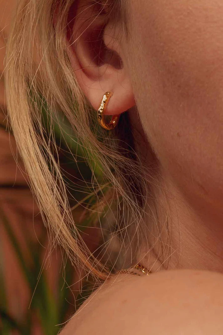 Close-up of a person wearing gold hoop earrings with a blurred background