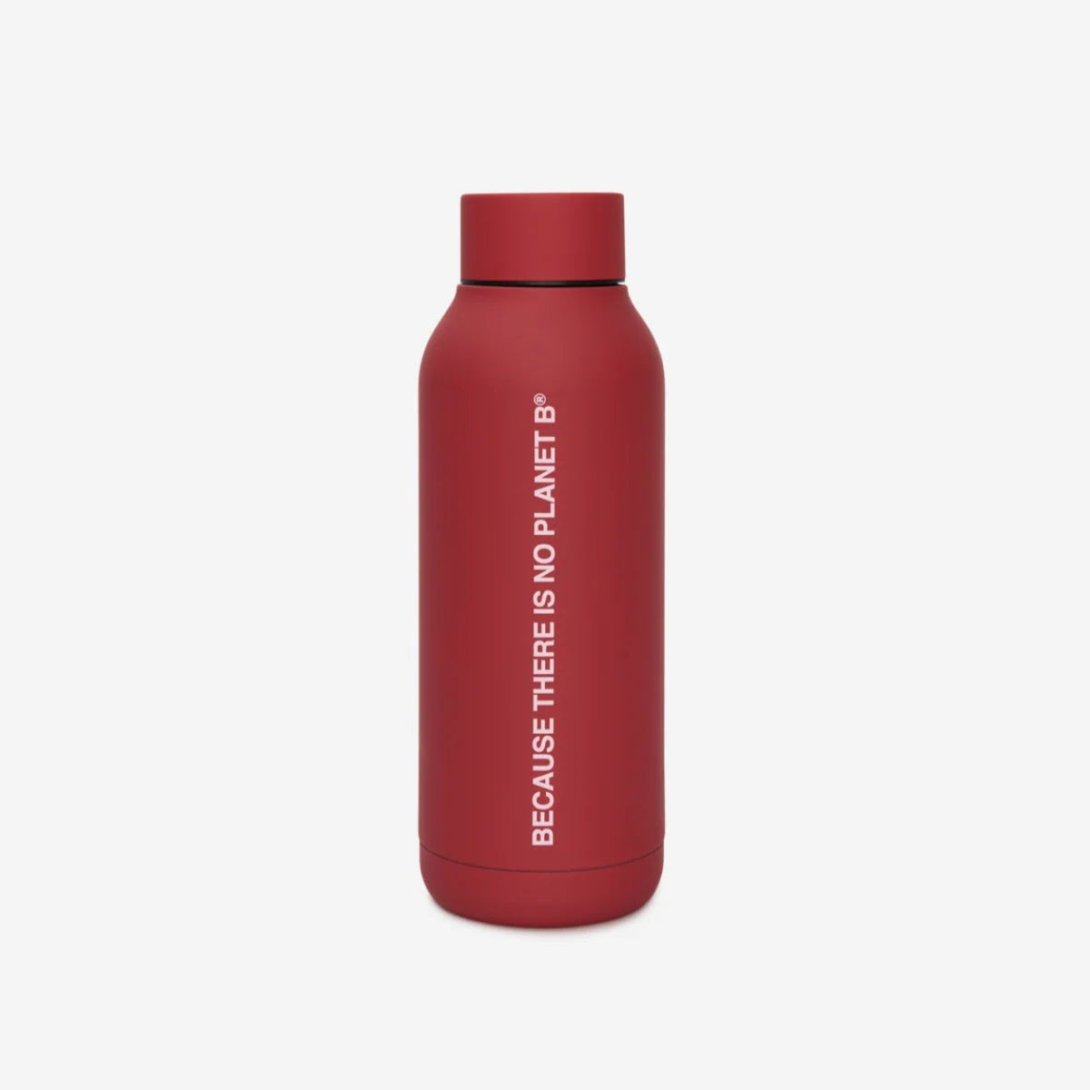 Red water bottle with text on a white background