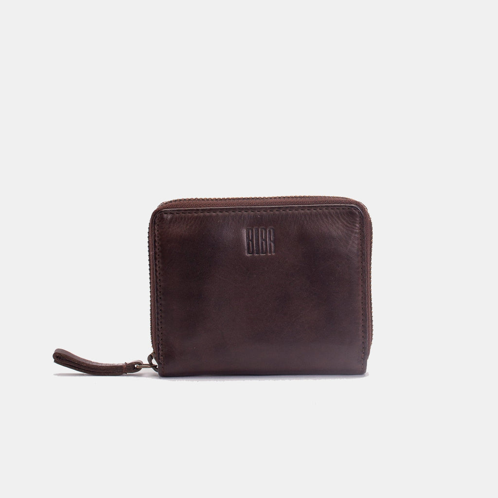 Brown leather wallet on a light gray background