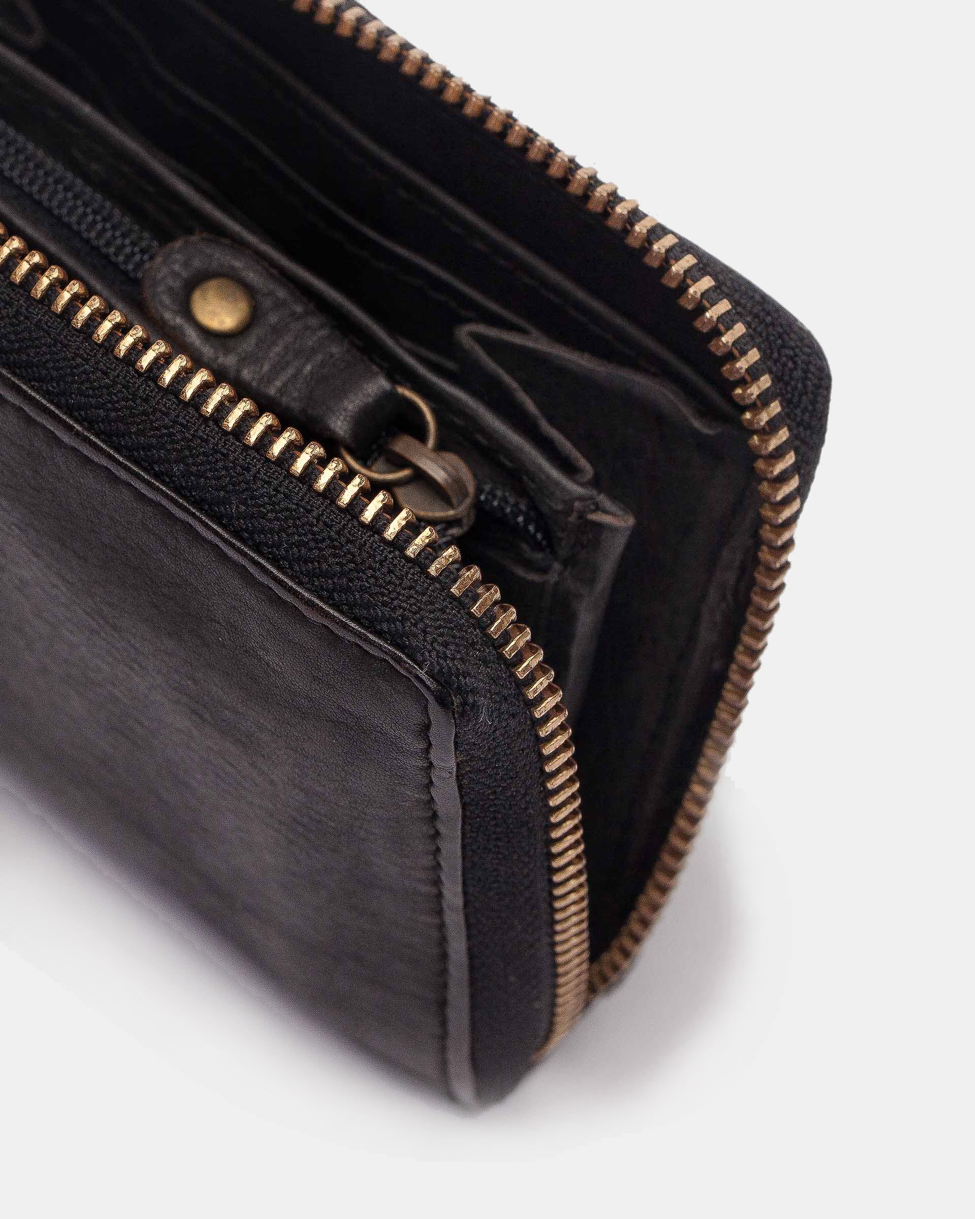 Close-up of a black leather wallet with gold zipper and stitching on a white background
