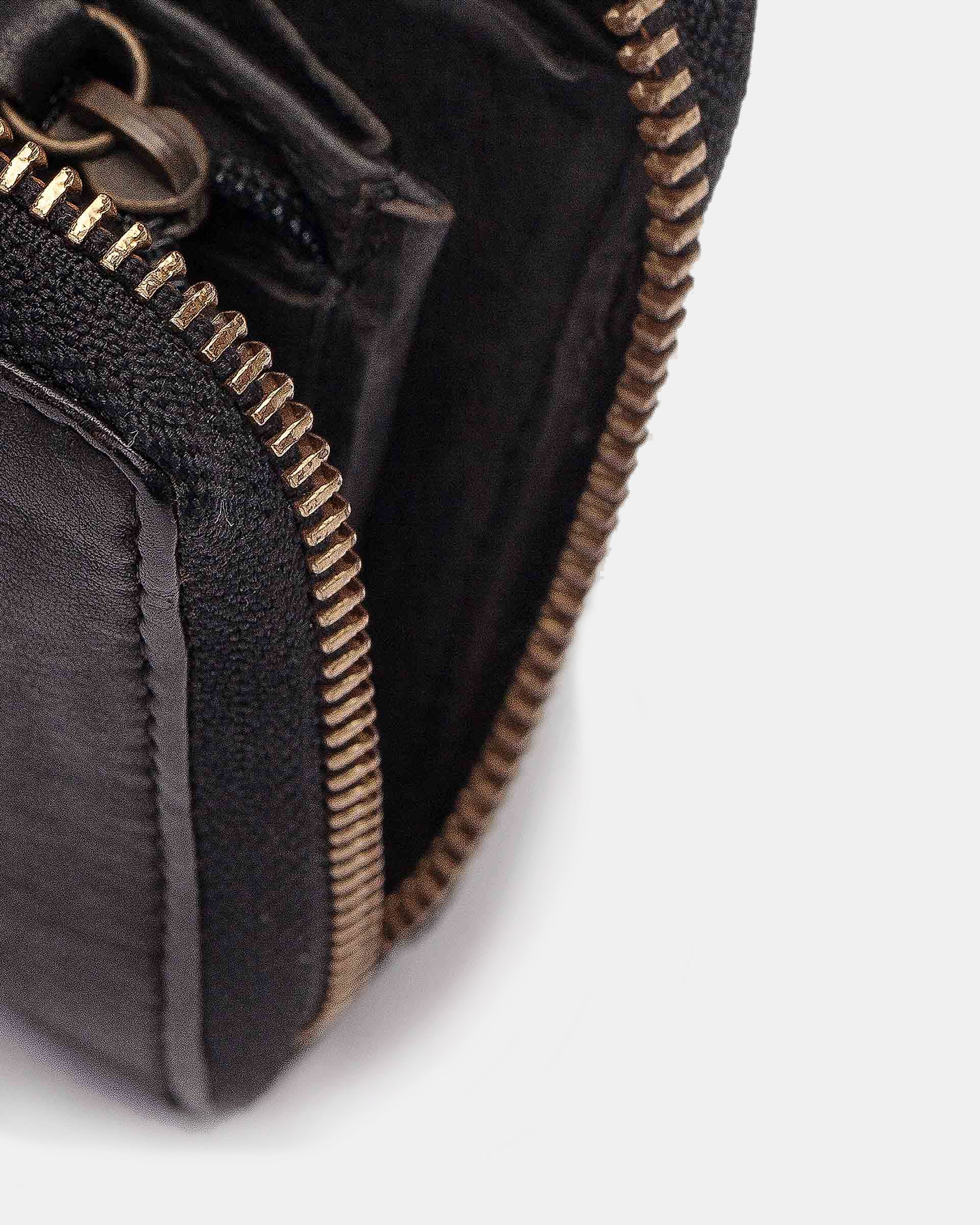Close-up of a black leather pouch with a gold zipper on a white background