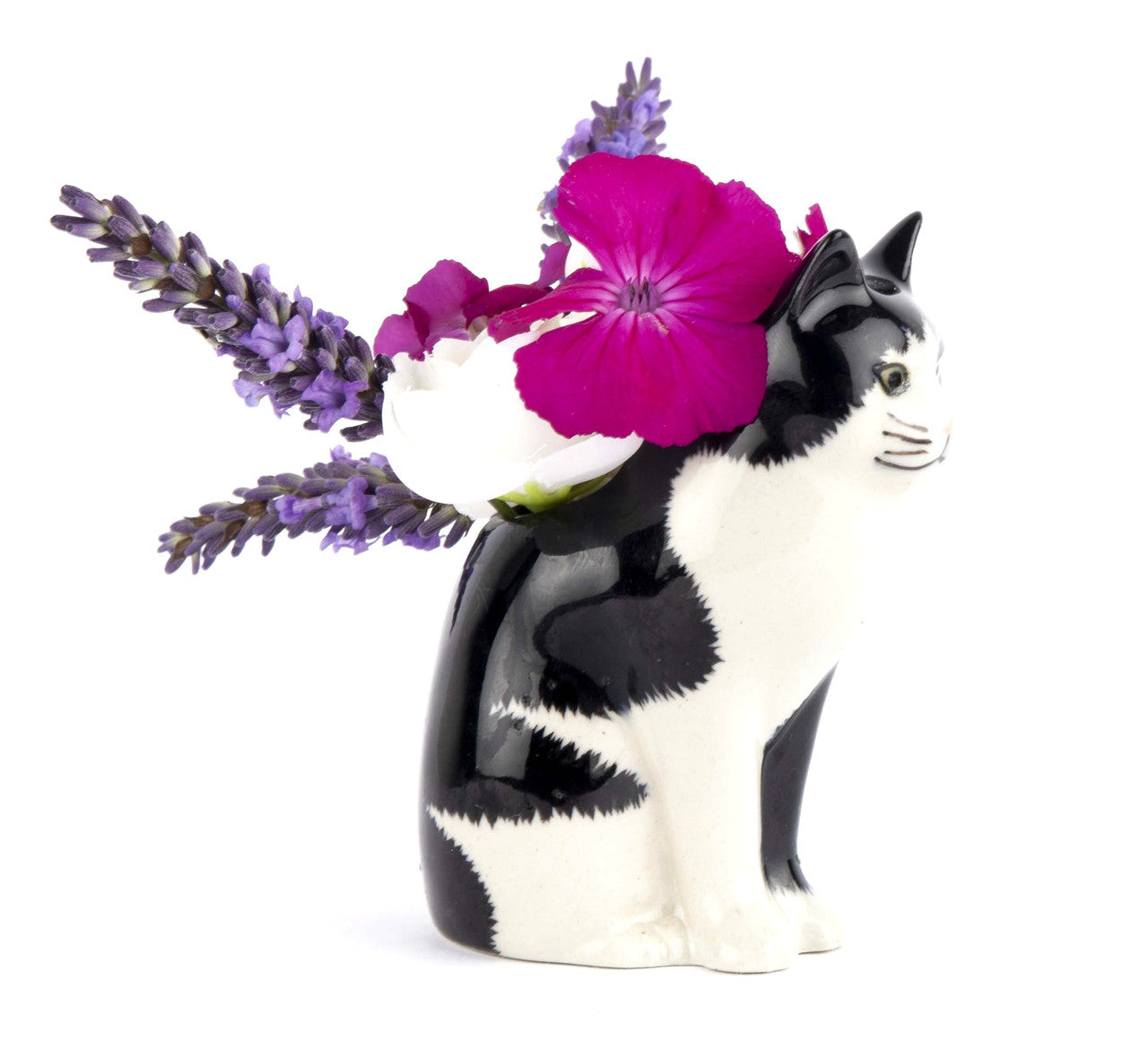 Cat-shaped vase with flowers on a white background