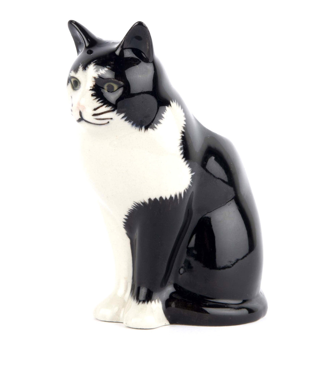 Black and white ceramic cat figurine on a white background