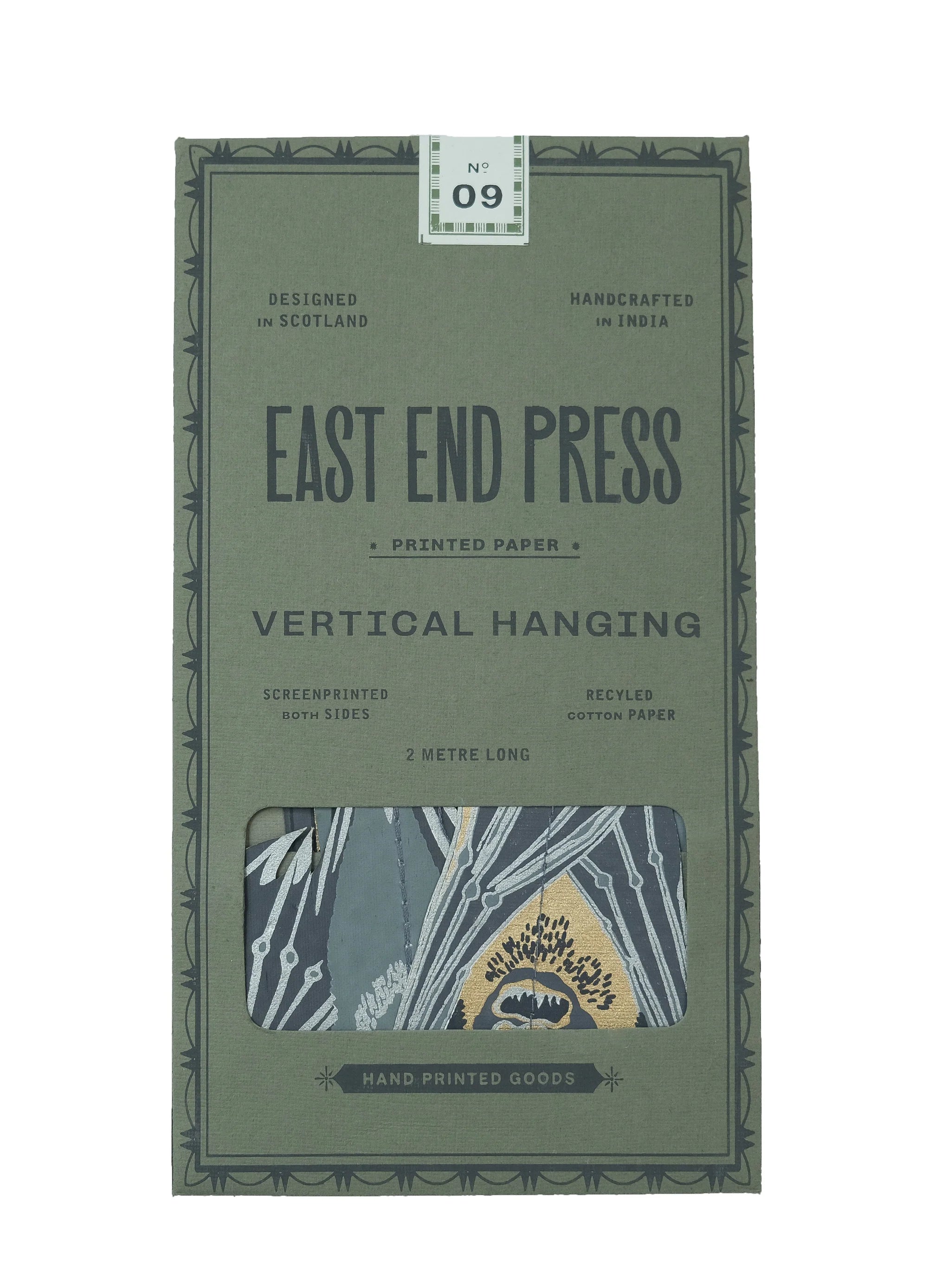 East End Press Vertical Hanging printed paper packaging, featuring a muted green cover with black text and a clear window showing patterned paper inside.