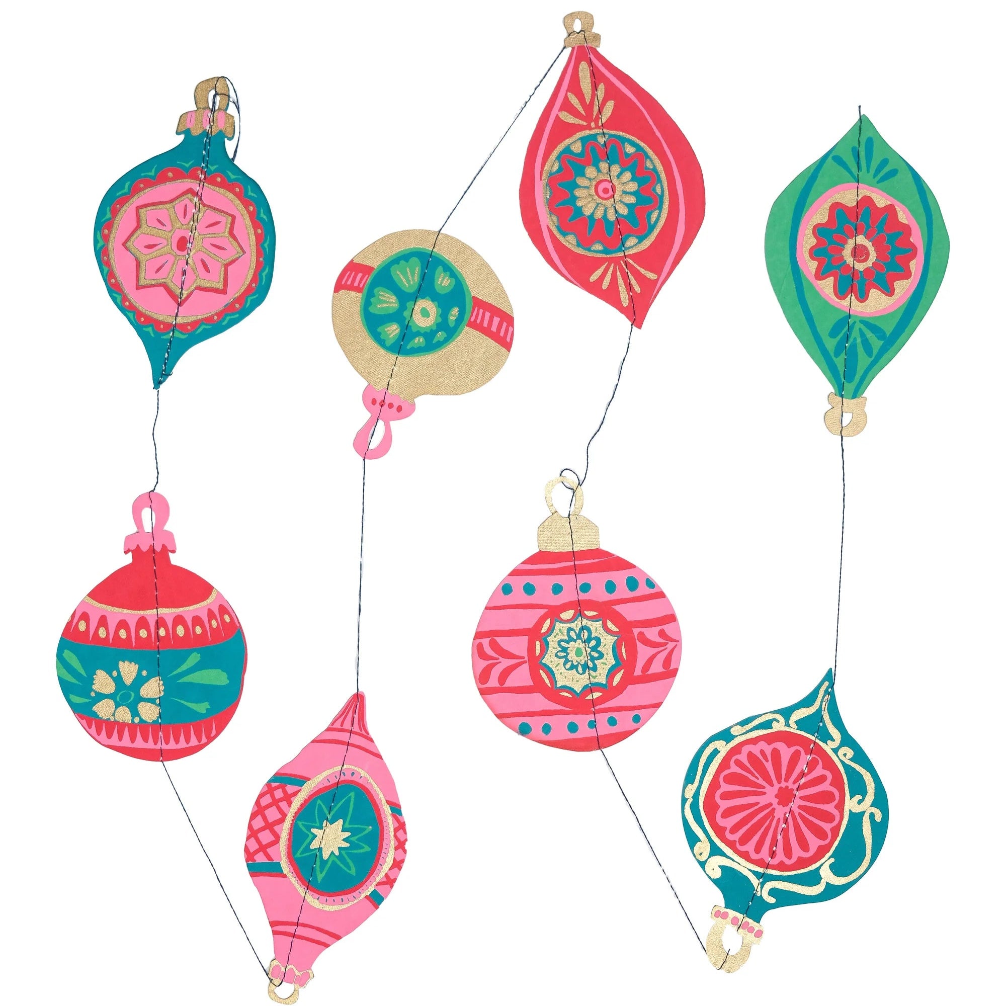 A set of colorful, hand-painted wooden Christmas ornaments shaped like ornaments, hanging from thin strings against a plain white background.