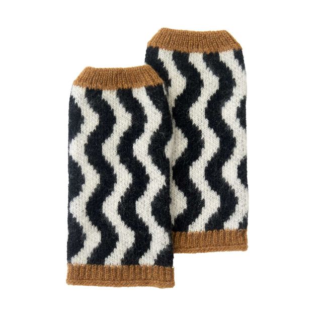 Pair of knitted leg warmers with a zigzag pattern on a white background