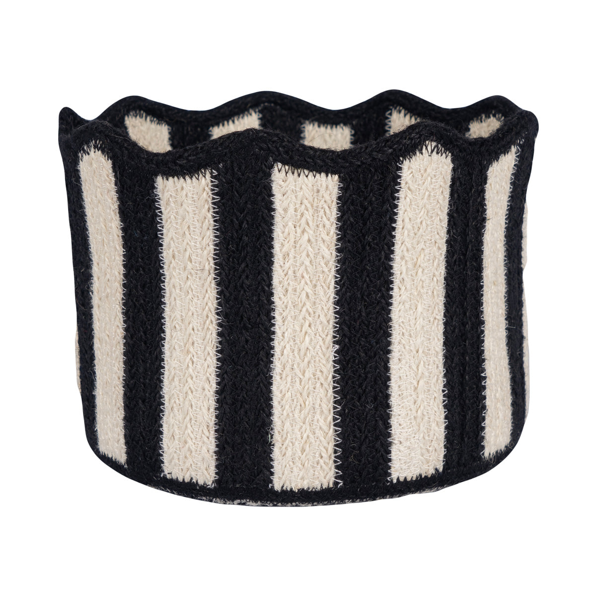 Black and off-white striped woven basket with a scalloped top edge.