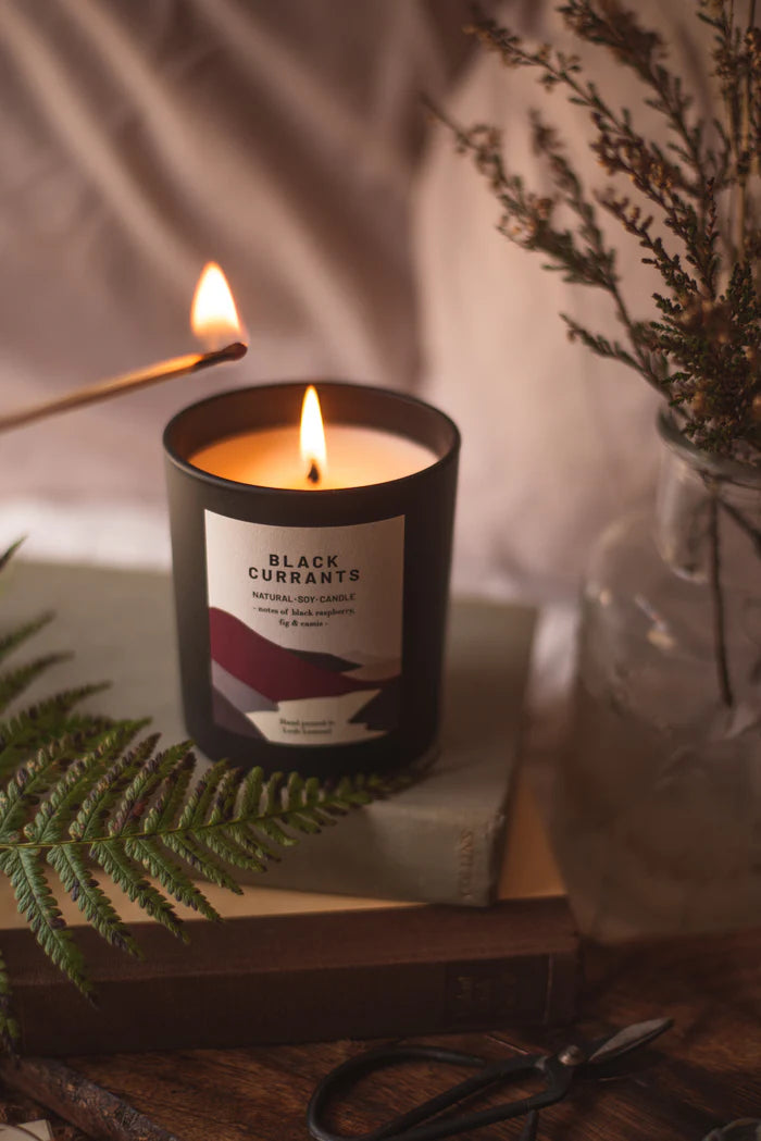 Black Currants natural soy candle in a black jar, with a minimalist label featuring abstract shapes and text.