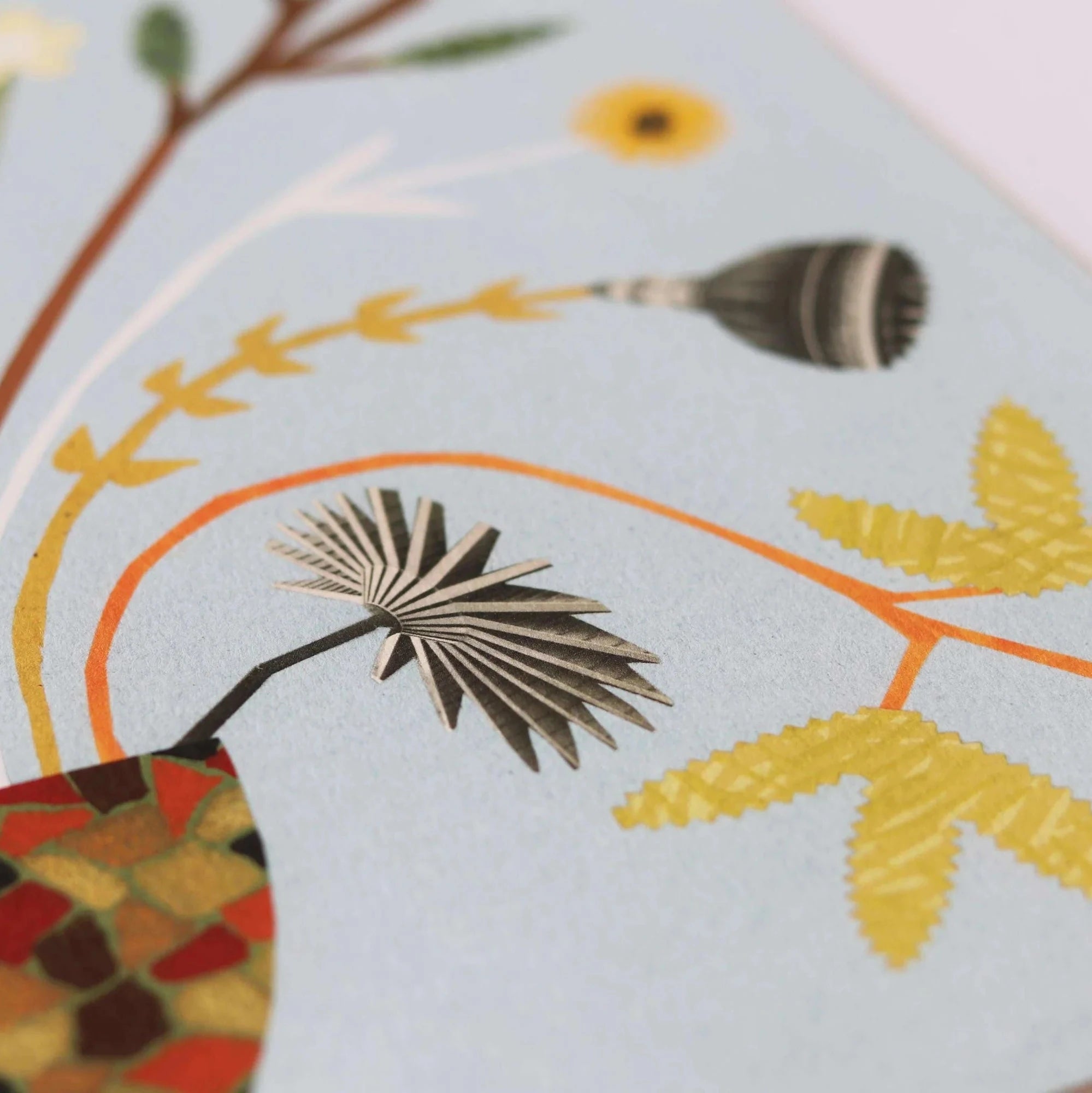 Close-up of a stylized floral illustration featuring a mosaic-like vase and various textured, geometric leaves and flowers