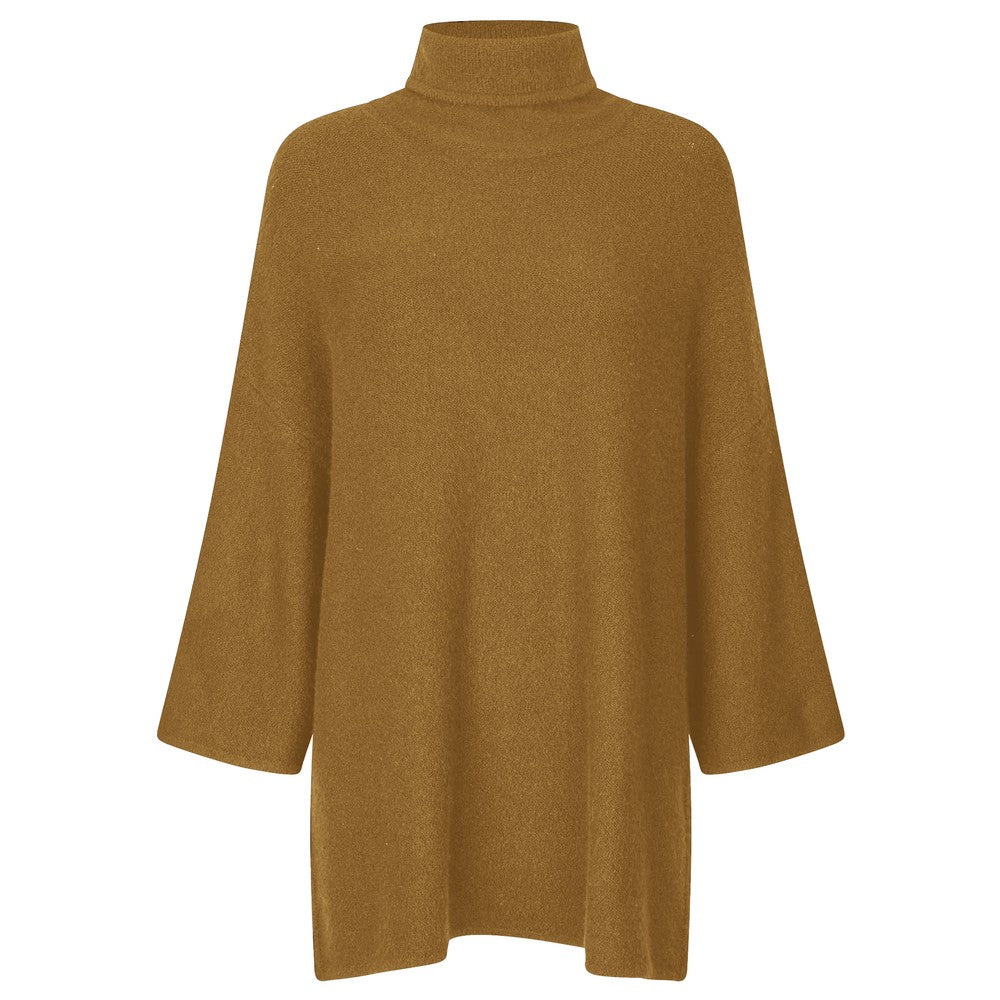 Mustard yellow turtleneck sweater on a white background