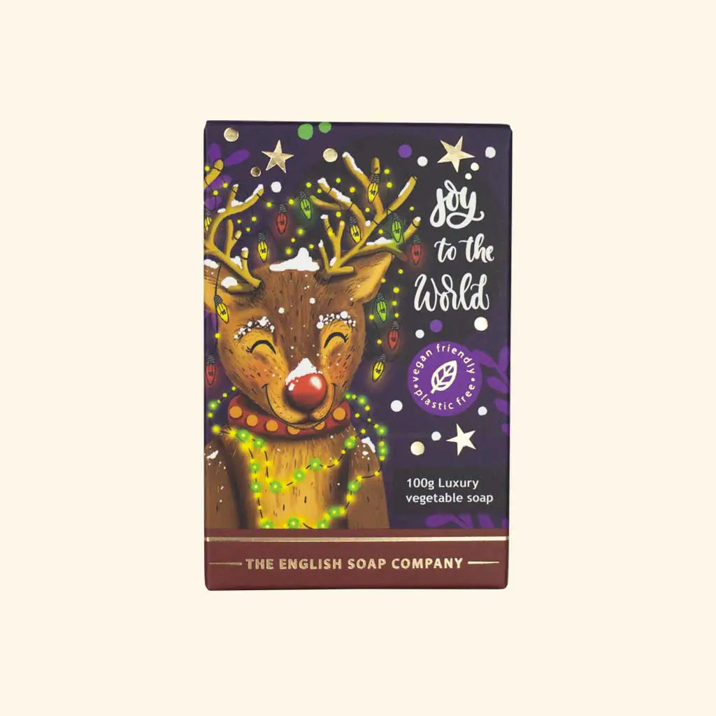 100g The English Soap Company vegetable soap bar; Christmas reindeer design, "Joy to the World," vegan & plastic-free.