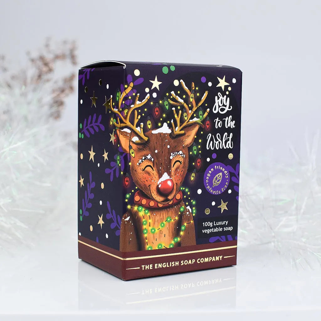 100g The English Soap Company luxury vegetable soap bar; dark purple box featuring a festive reindeer adorned with fairy