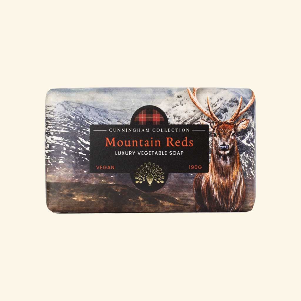 190g Mountain Reds Luxury Vegetable Soap bar.  Vegan. Features a stag and mountain landscape illustration.