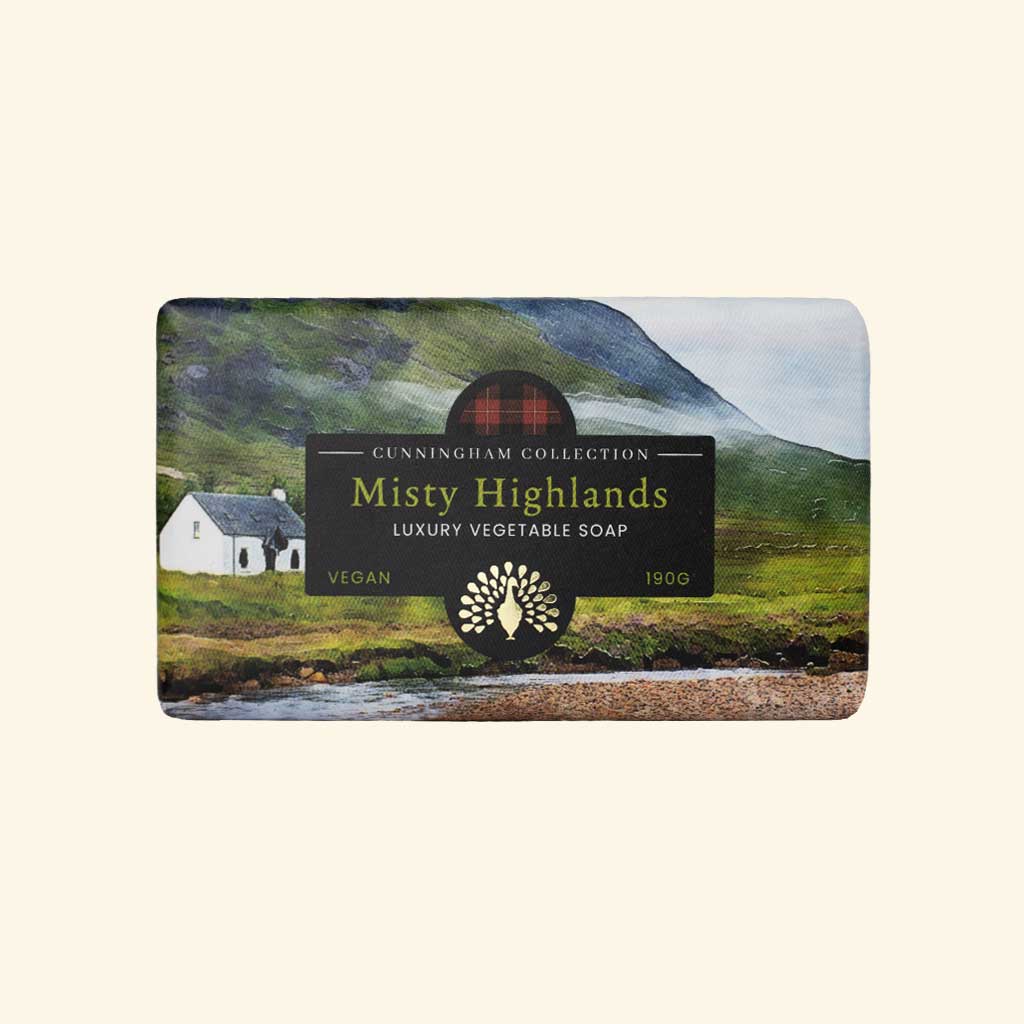 Misty Highlands Luxury Vegetable Soap, 190g. Vegan.  Bar soap features a scenic landscape image.