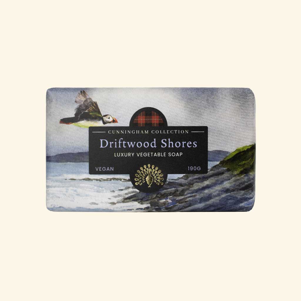 Cunningham Collection Driftwood Shores luxury vegetable soap bar, 190g, features a puffin and coastal scene.  Vegan.