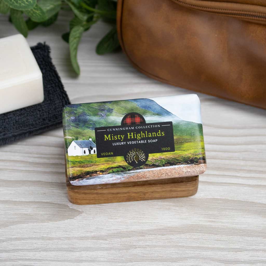Cunningham Collection Misty Highlands Luxury Vegetable Soap (190g), vegan, displayed on a wooden soap dish.