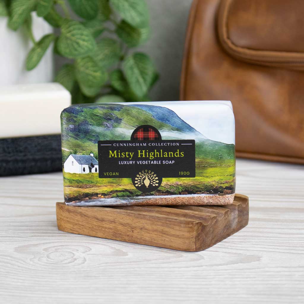 Misty Highlands Luxury Vegetable Soap, 190g, vegan, features a scenic landscape image on the bar.