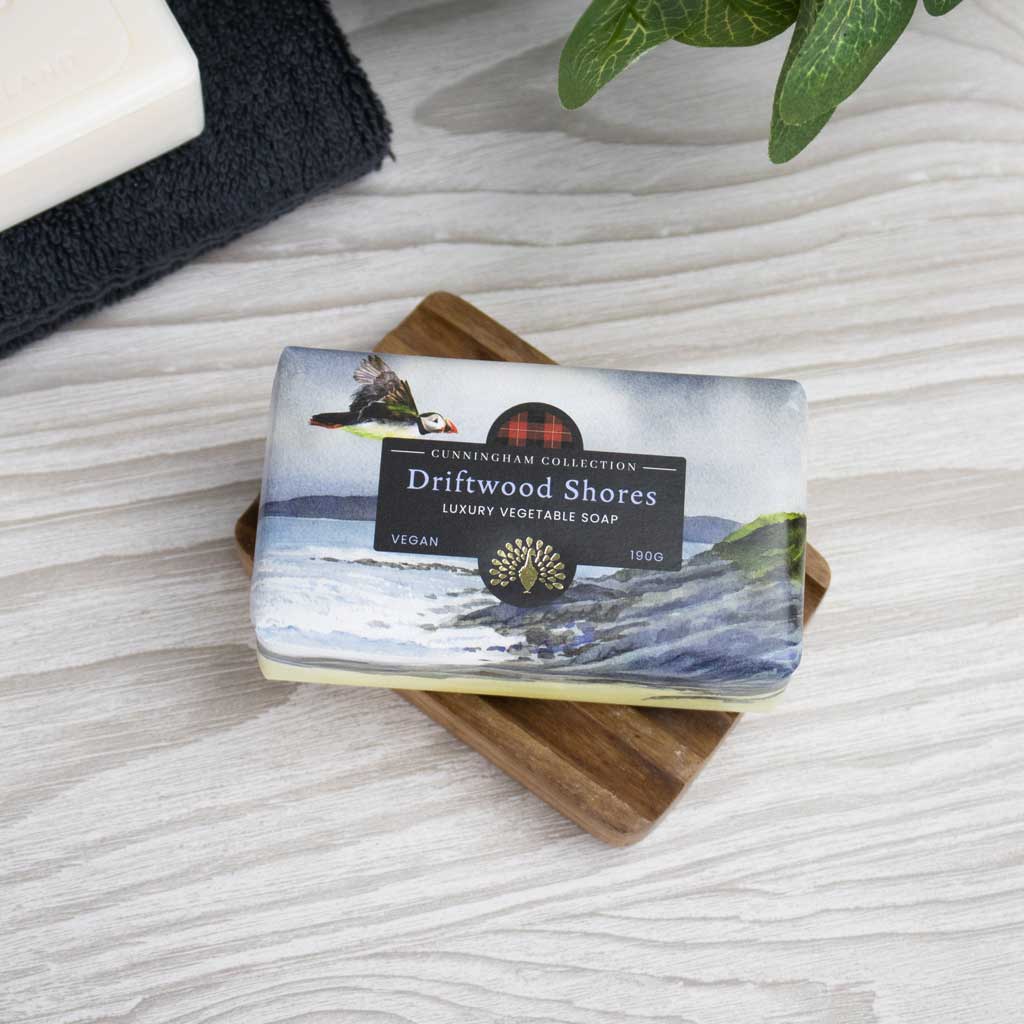 Rectangular Driftwood Shores luxury vegetable soap bar (190g), vegan, features a coastal watercolor design with a puffin.