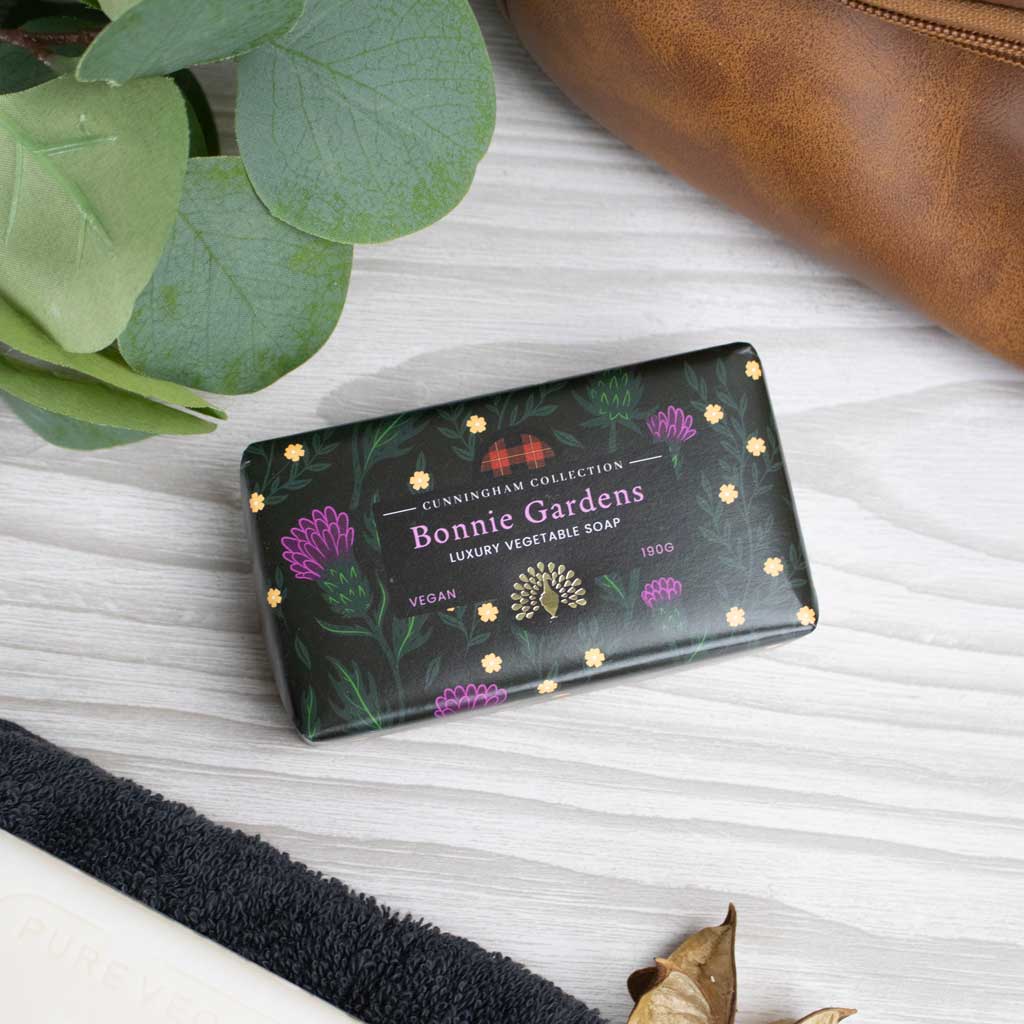 Bonnie Gardens Luxury Vegetable Soap, 190g, vegan, black packaging with purple thistle and gold accents.
