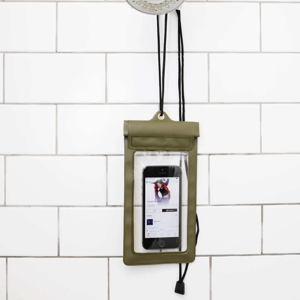 Olive green waterproof phone case with clear window, hanging from showerhead via black cord.